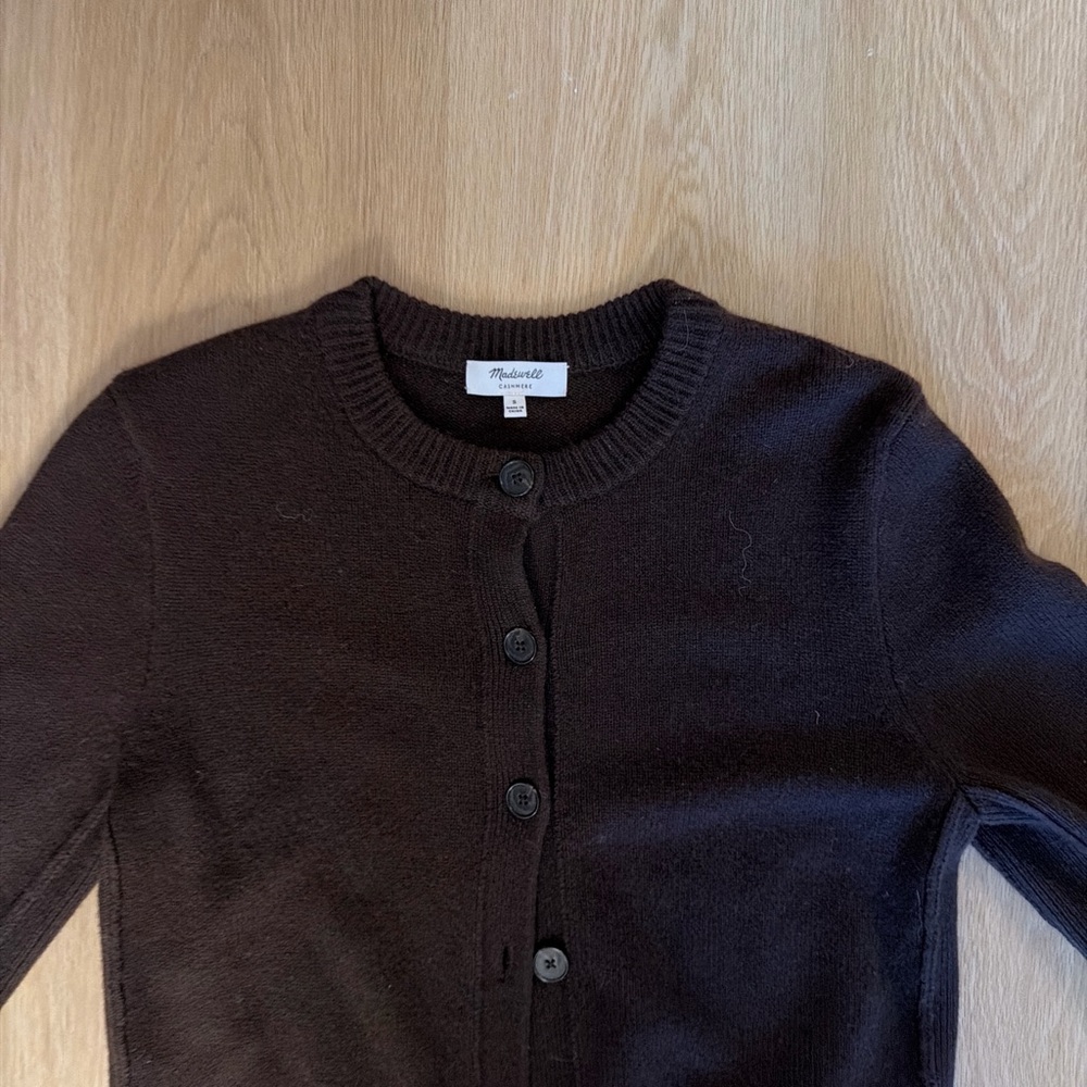 Madewell Cashmere Dark Brown Crewneck Button-Front Cardigan with Cream Trim - Picture 5 of 5